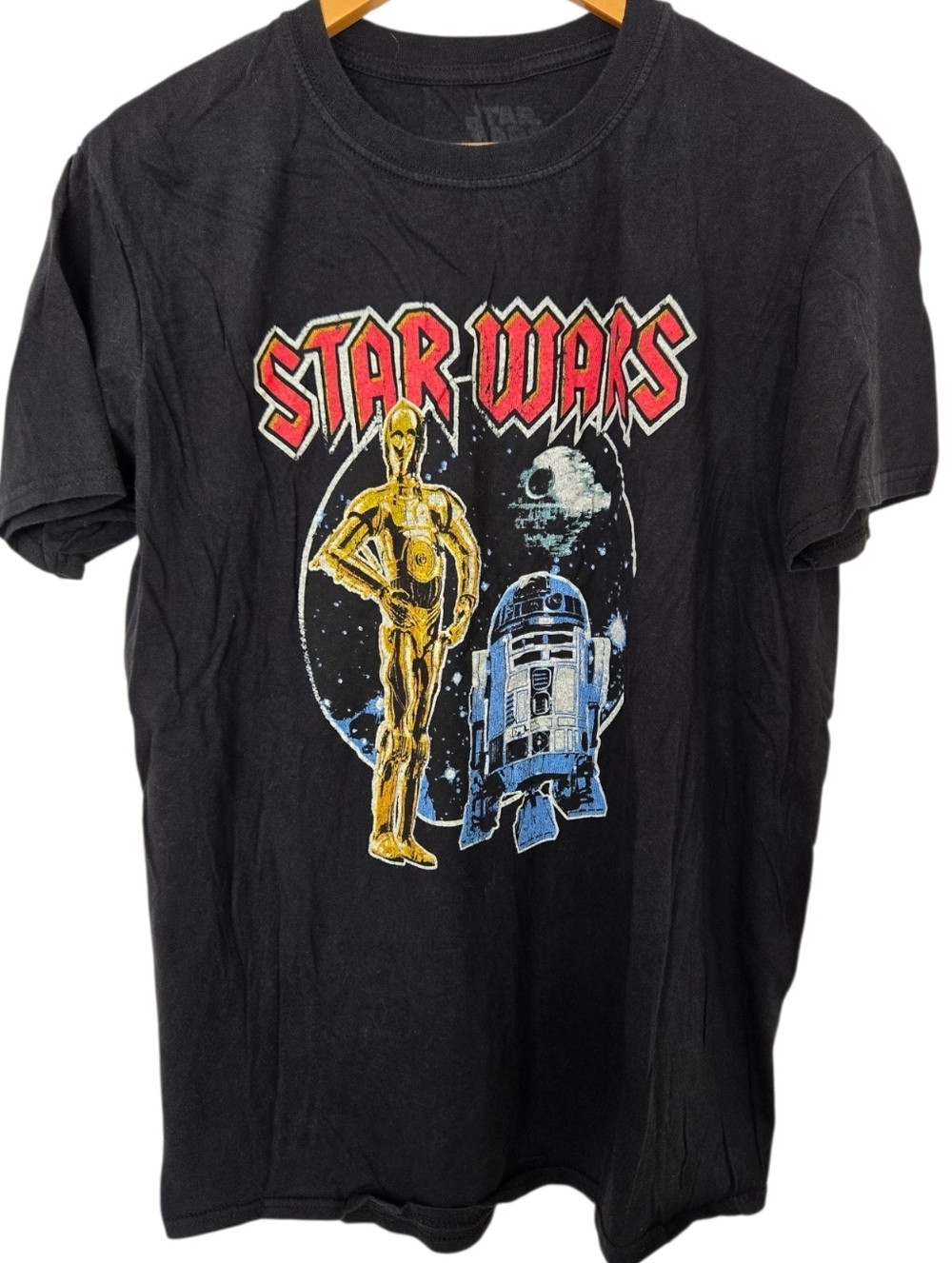 Star Wars Graphic Tee C3PO R2D2 Y2K Retro Style Black T-Shirt Lrge